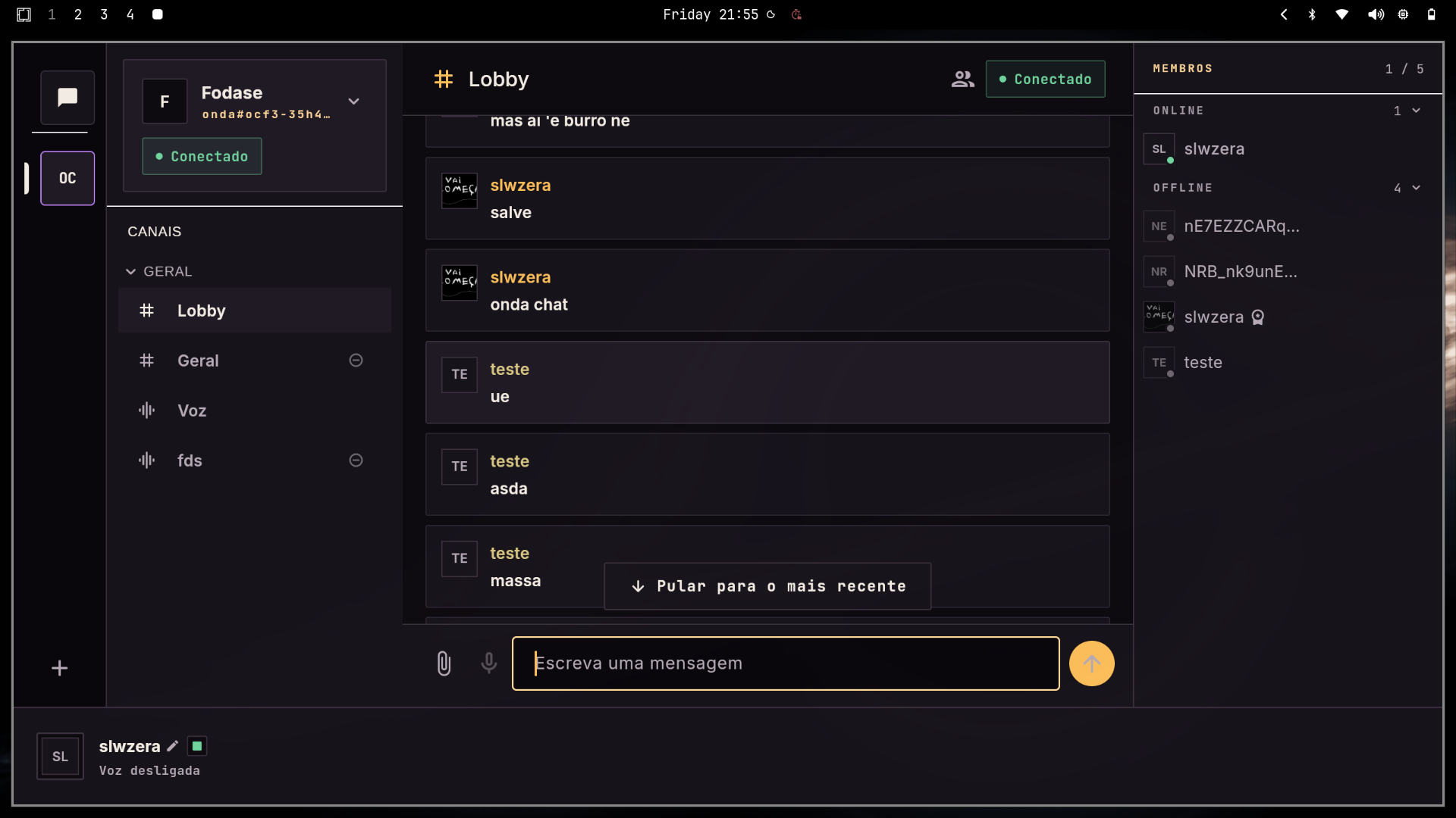 Cliente Onda mostrando um servidor conectado, com mensagens, reações e lista de membros